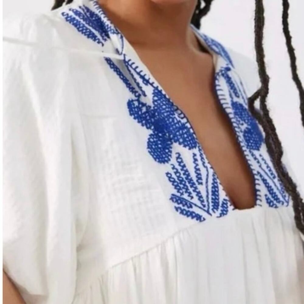 Urban Outfitters White Blue Embroidered BohoMidi Dress Square Neck Puff Sleeve S - Picture 4 of 8